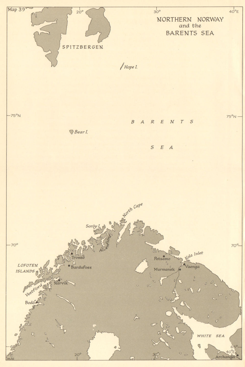 Northern Norway & Barents Sea 1944. Arctic convoys. WW2. Spitzbergen 1961 map
