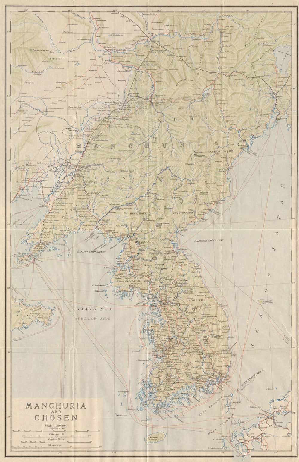 'Manchuria and Chosen'. The Korean peninsula & North East China 1913 old map