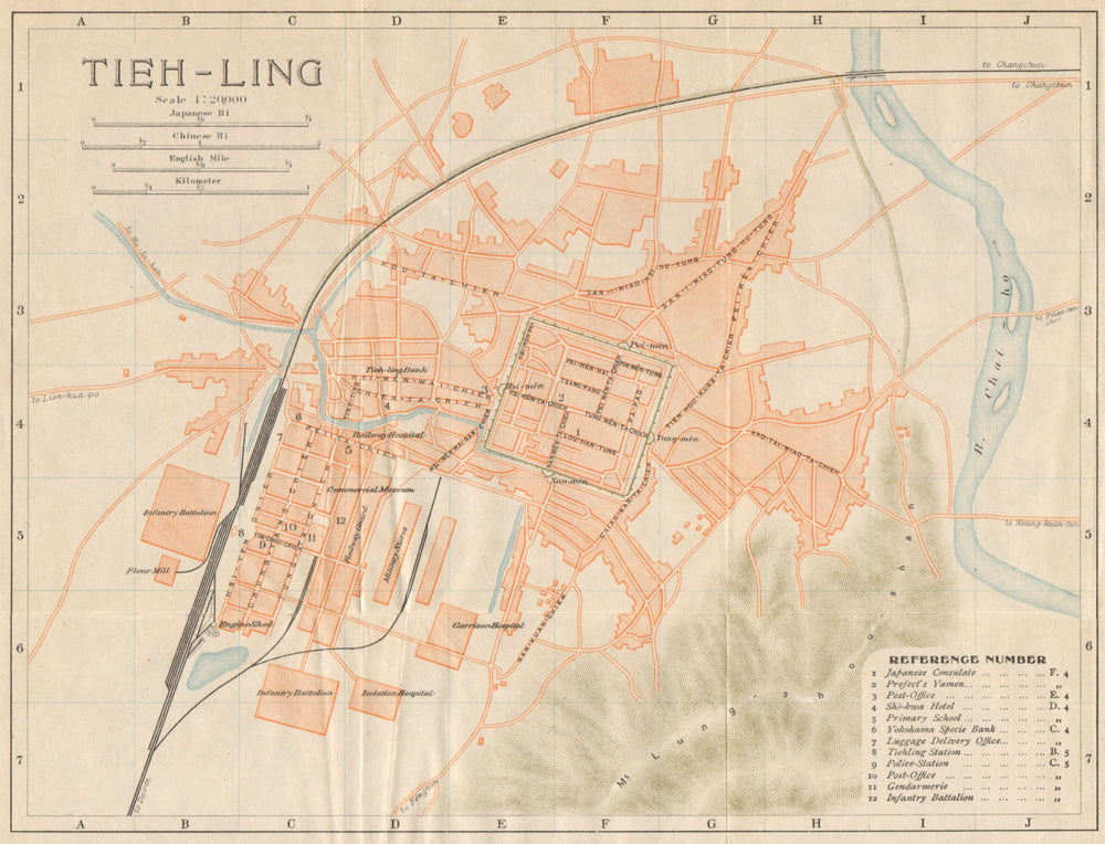 'Tieh-ling'. Yinzhou, Tieling antique town city plan. Liaoning, China 1913 map