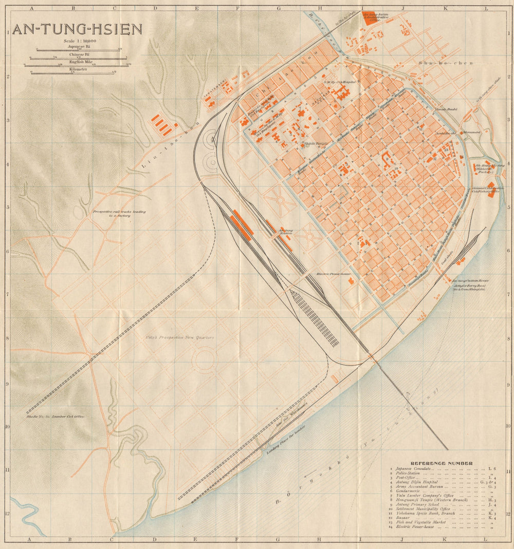 'An-tung-hsien'. Dandong antique town city plan. Liaoning, China 1913 old map