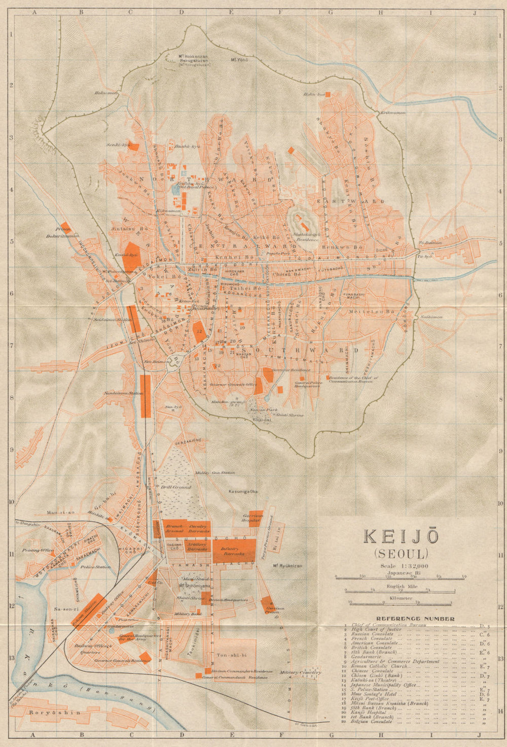 'Keijo'. Seoul antique town city plan. South Korea 1913 old map chart