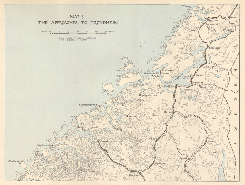 World War 2 Norway Campaign. Trondheim approaches 1940. German Invasion 1952 map