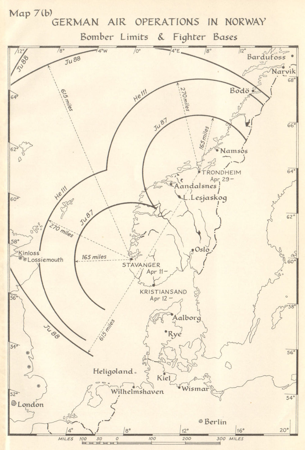 Norway -  German Air Operations 1940. Bomber Limits Fighter Bases. WW2 1952 map