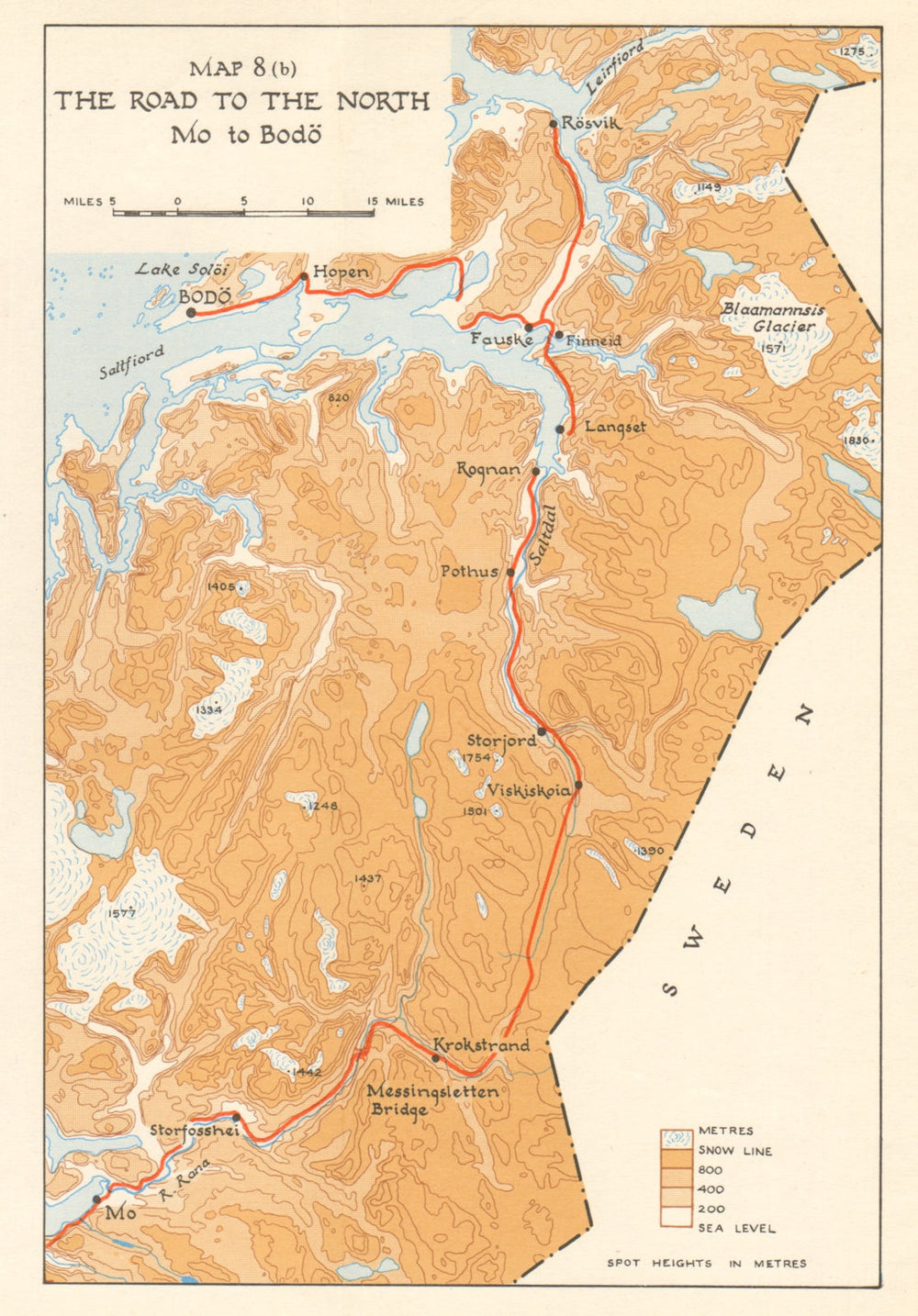 World War 2 Norway Campaign. Road from Mo to Bodo 1940. German Invasion 1952 map