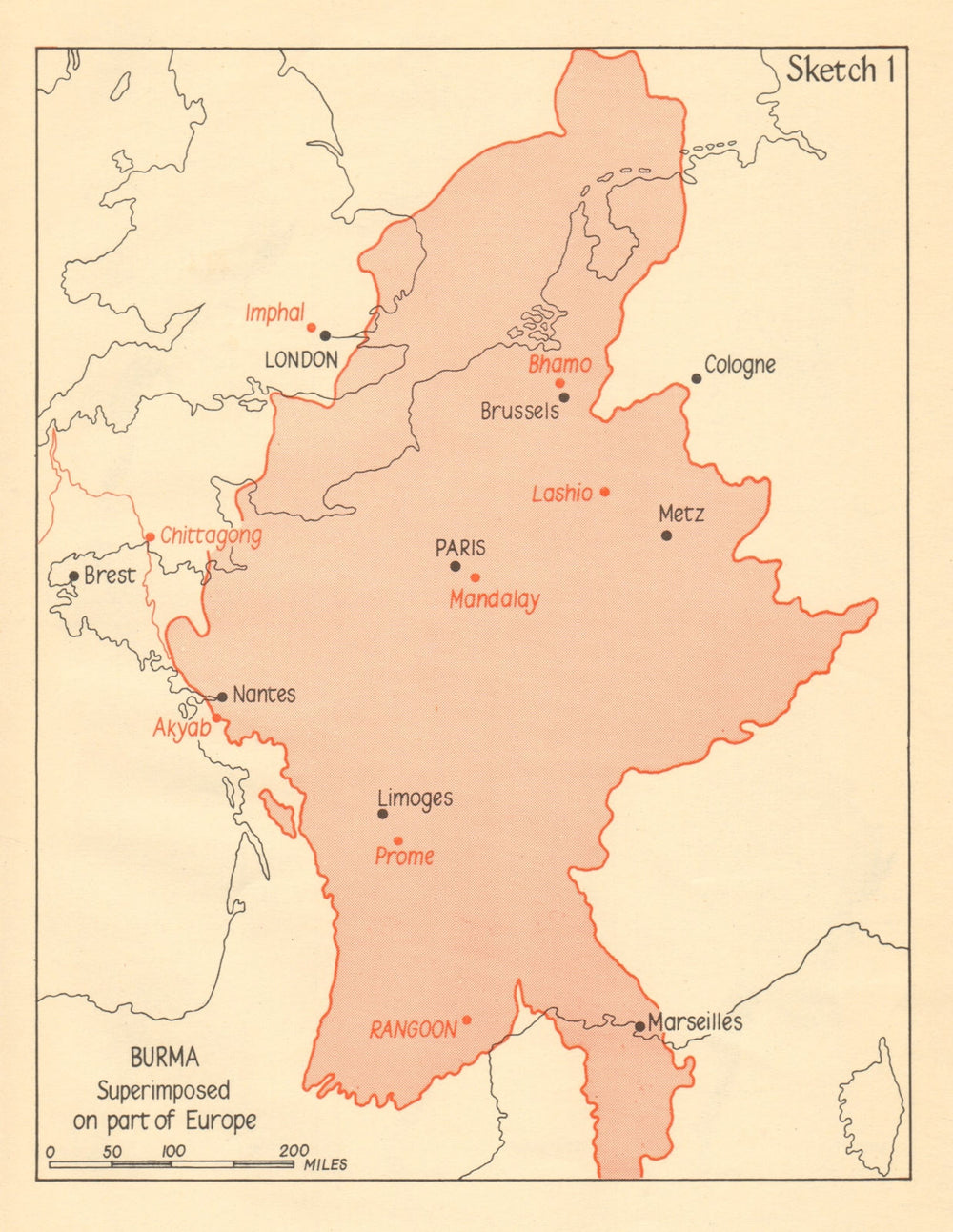 Burma superimposed on part of Europe. Myanmar 1961 old vintage map plan chart