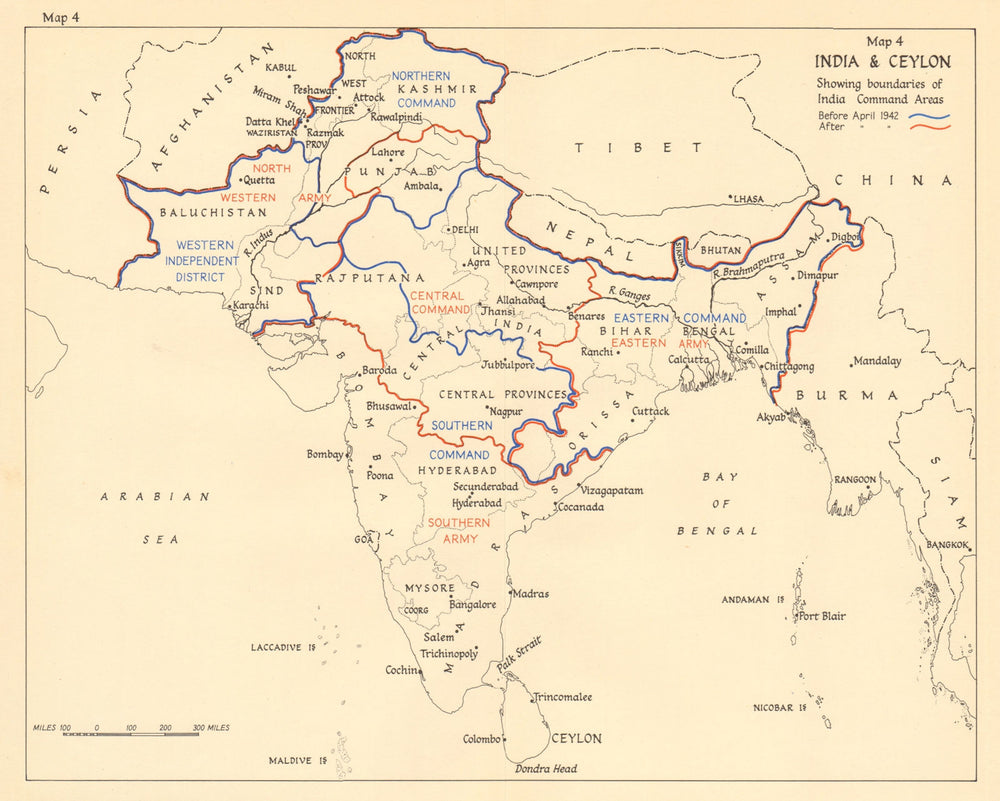 India & Ceylon boundaries of Command Areas 1942. World War 2 1961 old map