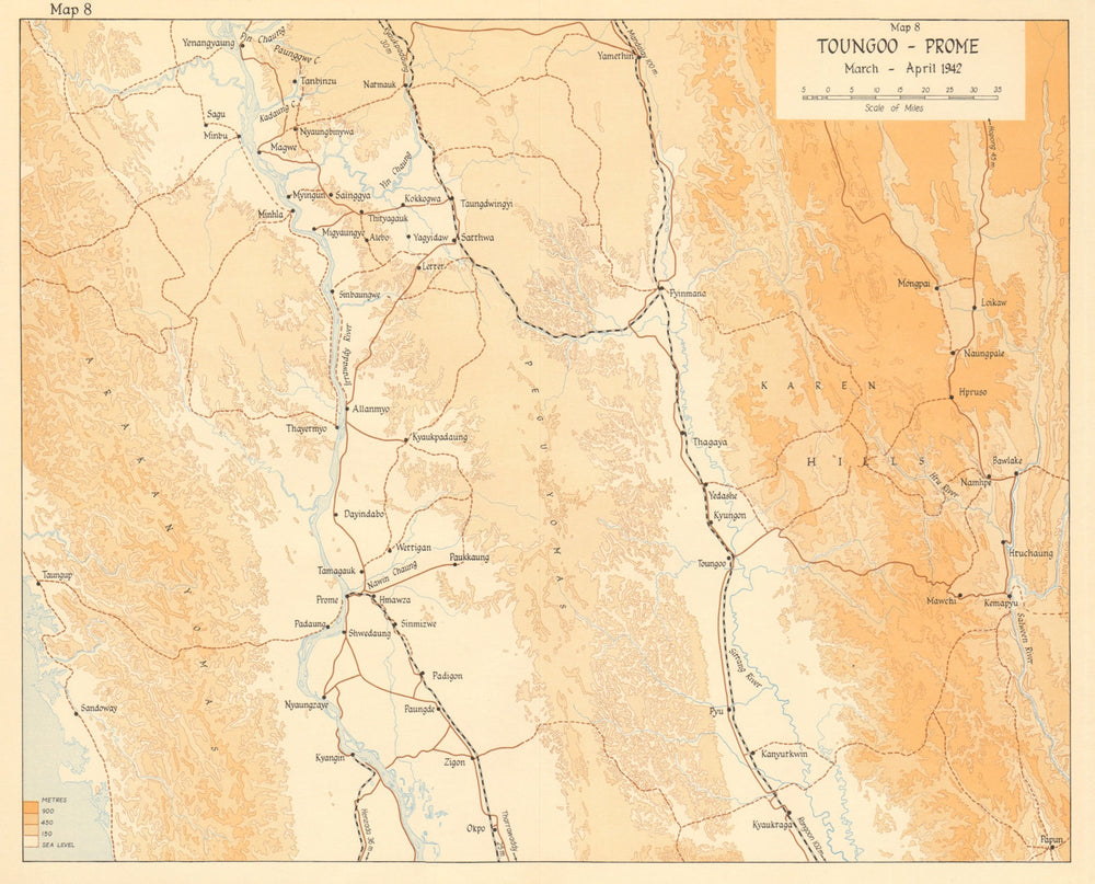 Taungoo-Prome/Pyay March-April 1942. Japanese conquest of Burma. WW2 1961 map