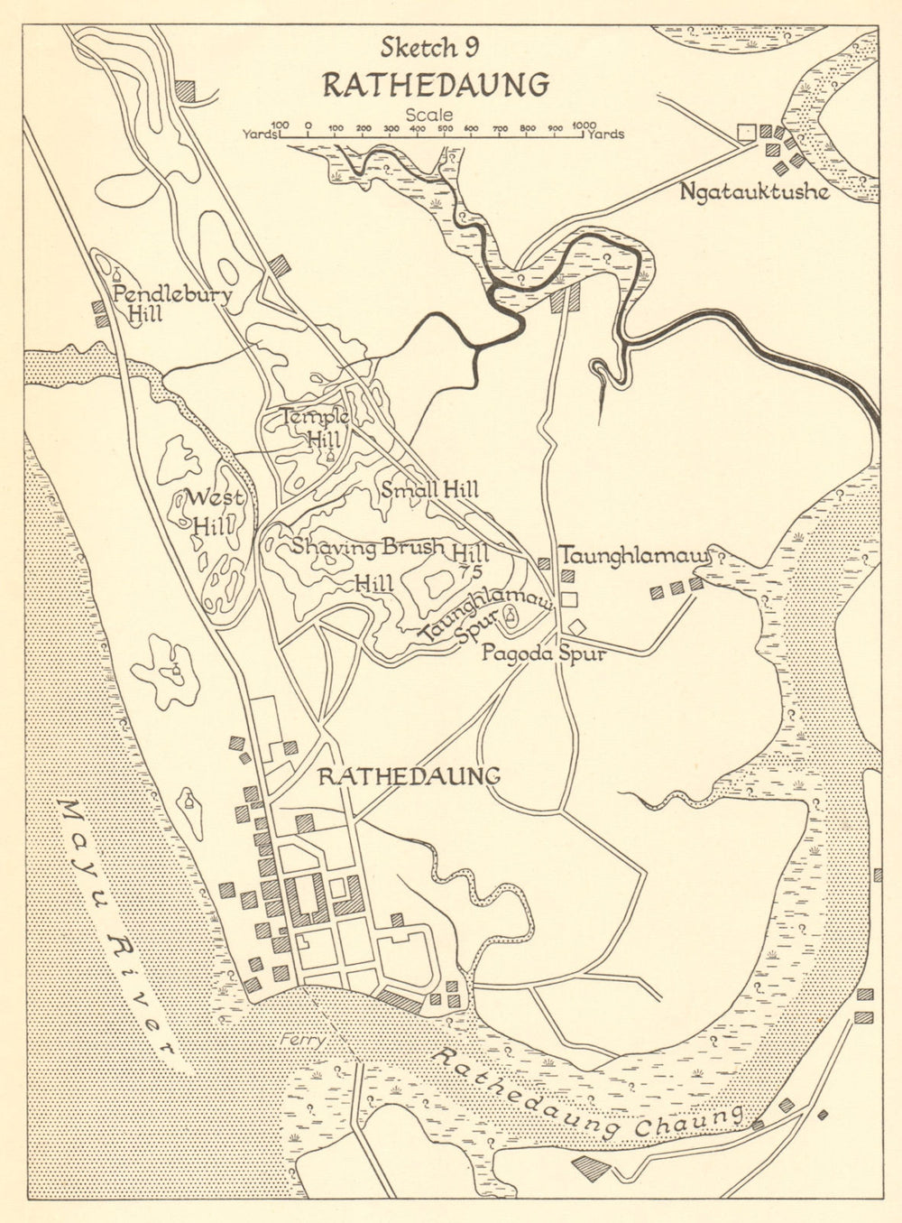 Battle of Rathedaung 1943. Japanese conquest of Burma. World War 2 1961 map