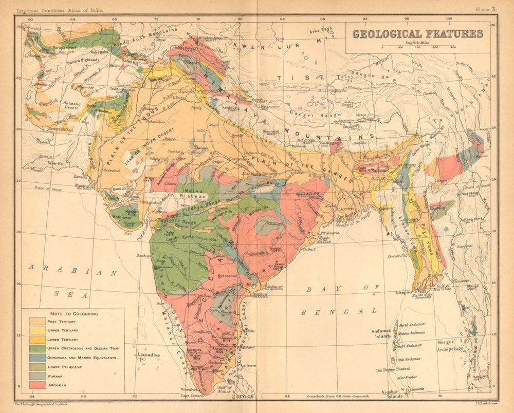 BRITISH INDIA GEOLOGICAL MAP. Tertiary Cretaceous Archaean Purana Gondwana 1909