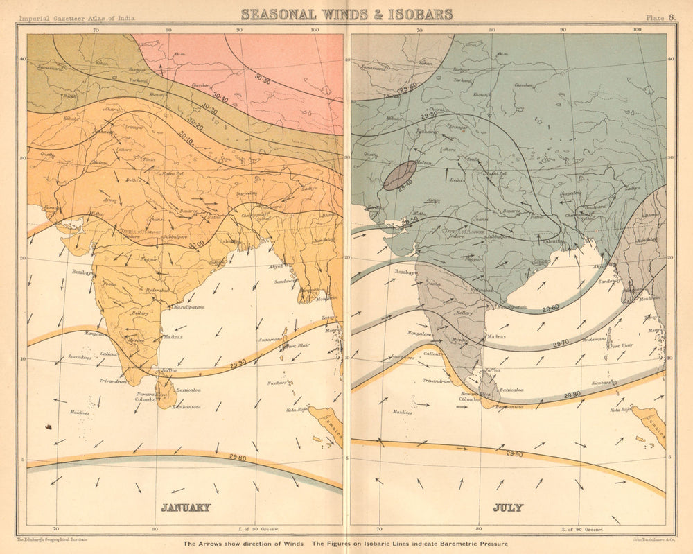 SOUTH ASIA. British India. Seasonal Winds and Isobars - January & July 1909 map