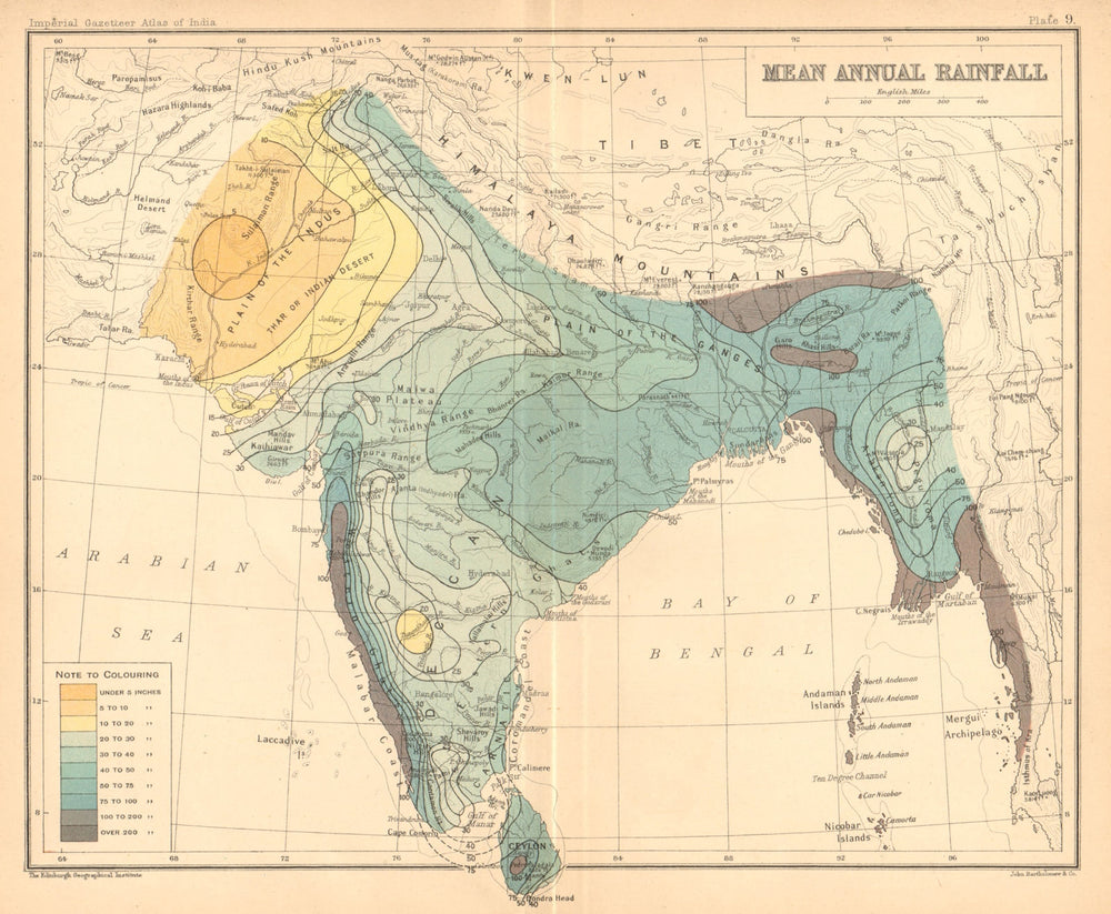 SOUTH ASIA. British India & Burma. Mean Annual Rainfall 1909 old antique map