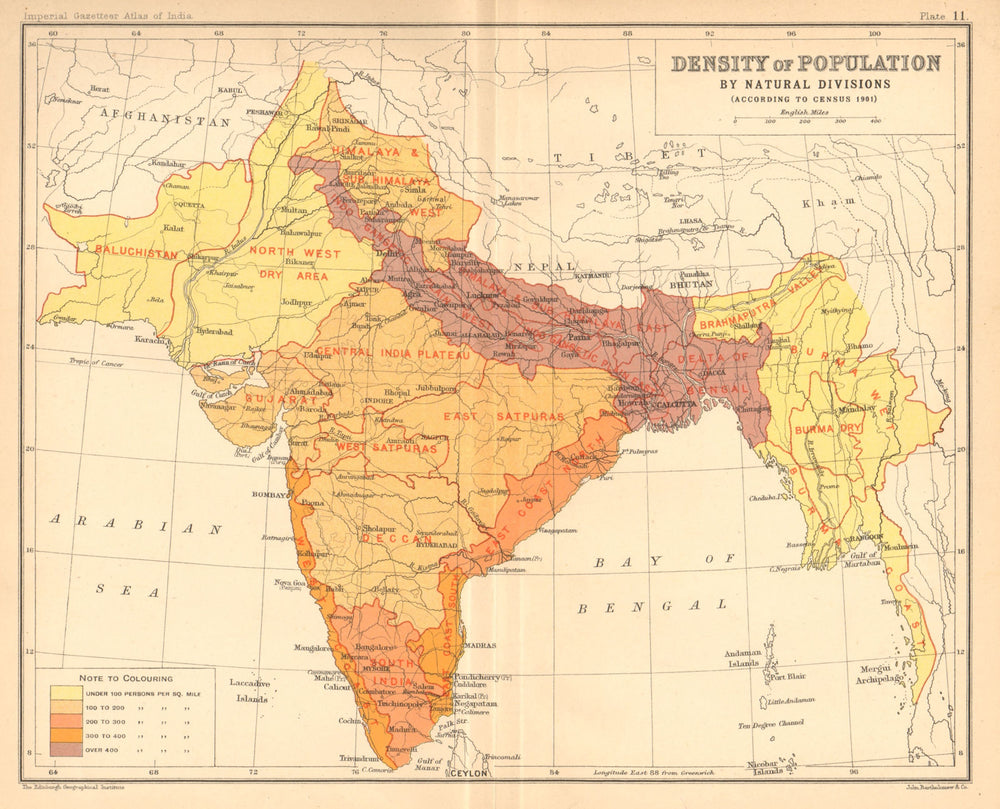 BRITISH INDIA S. Asia. Population density 1901 census natural divisions 1909 map
