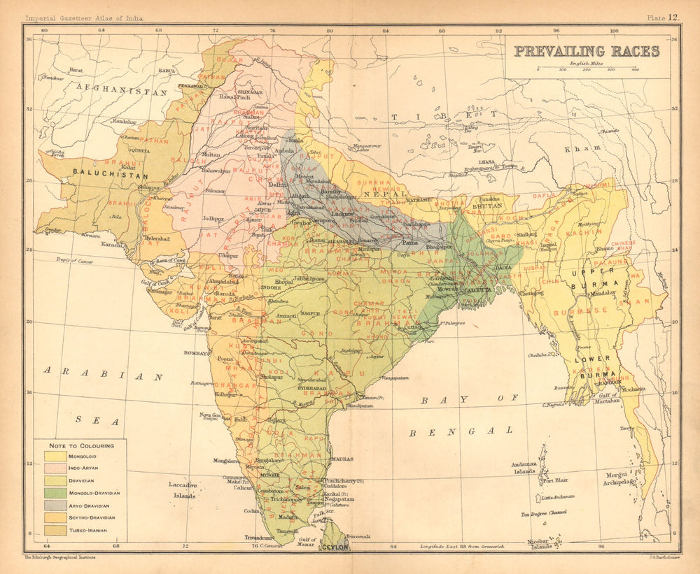 SOUTH ASIA. BRITISH INDIA. Prevailing Races. Dravidian Mongoloid Aryan 1909 map