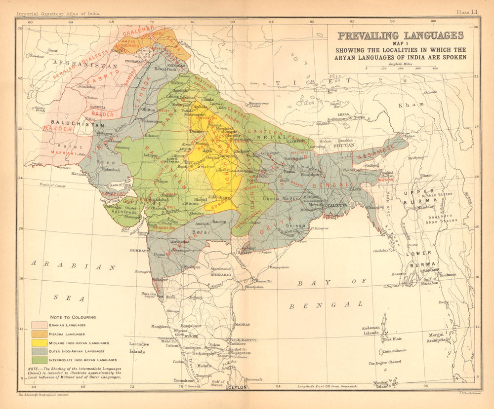INDIA South Asia languages - Aryan. Eranian Pisacha Indo-Aryan 1909 old map