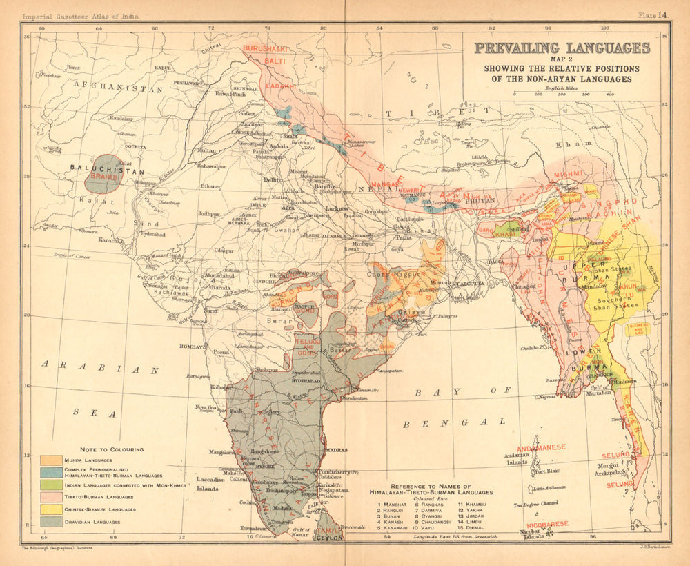 INDIA South Asia languages - non-Aryan. Dravidian Tibeto-Burman Munda 1909 map