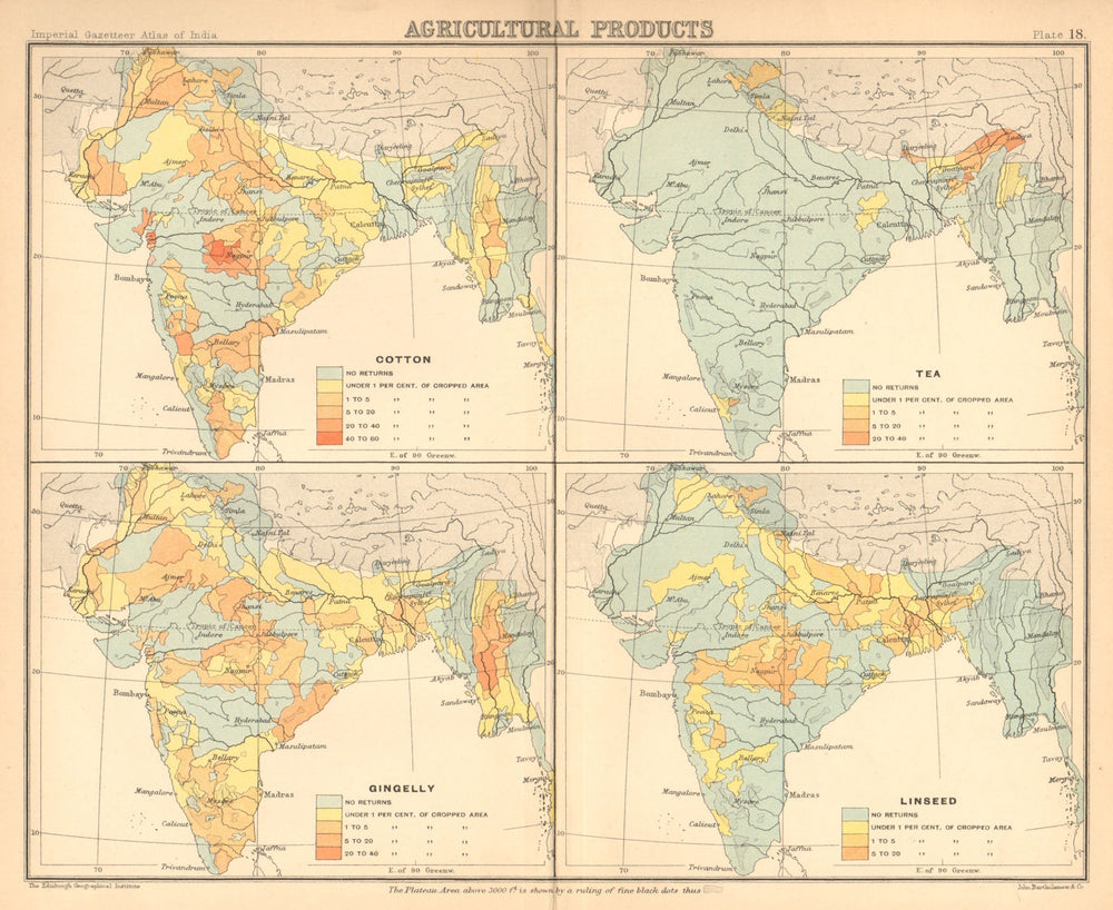 BRITISH INDIA Agricultural Produce. Cotton, Tea, Sesame & Linseed 1909 old map