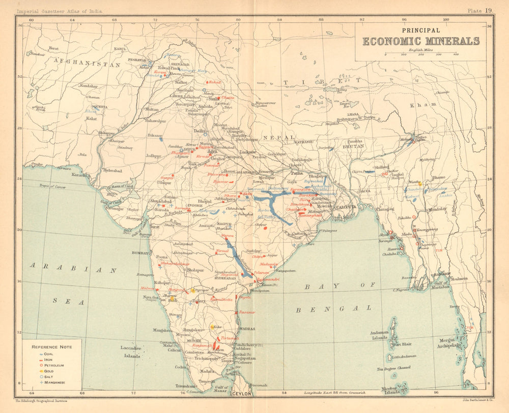 BRITISH INDIA Mineral production. Coal Iron Gold Salt Petrol Manganese 1909 map