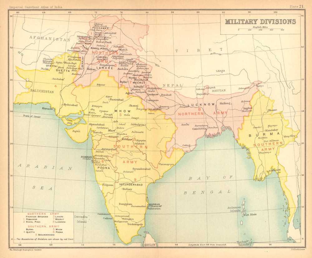 BRITISH INDIA Military Divisions. Northern Army. Southern Army. Burma 1909 map