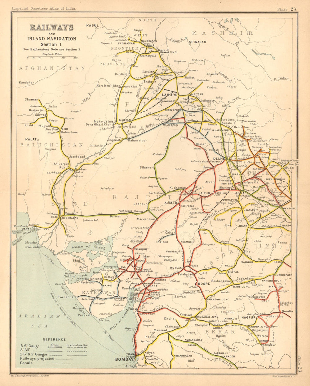 BRITISH INDIA RAILWAYS North-west. Pakistan Punjab Rajasthan Gujarat 1909 map