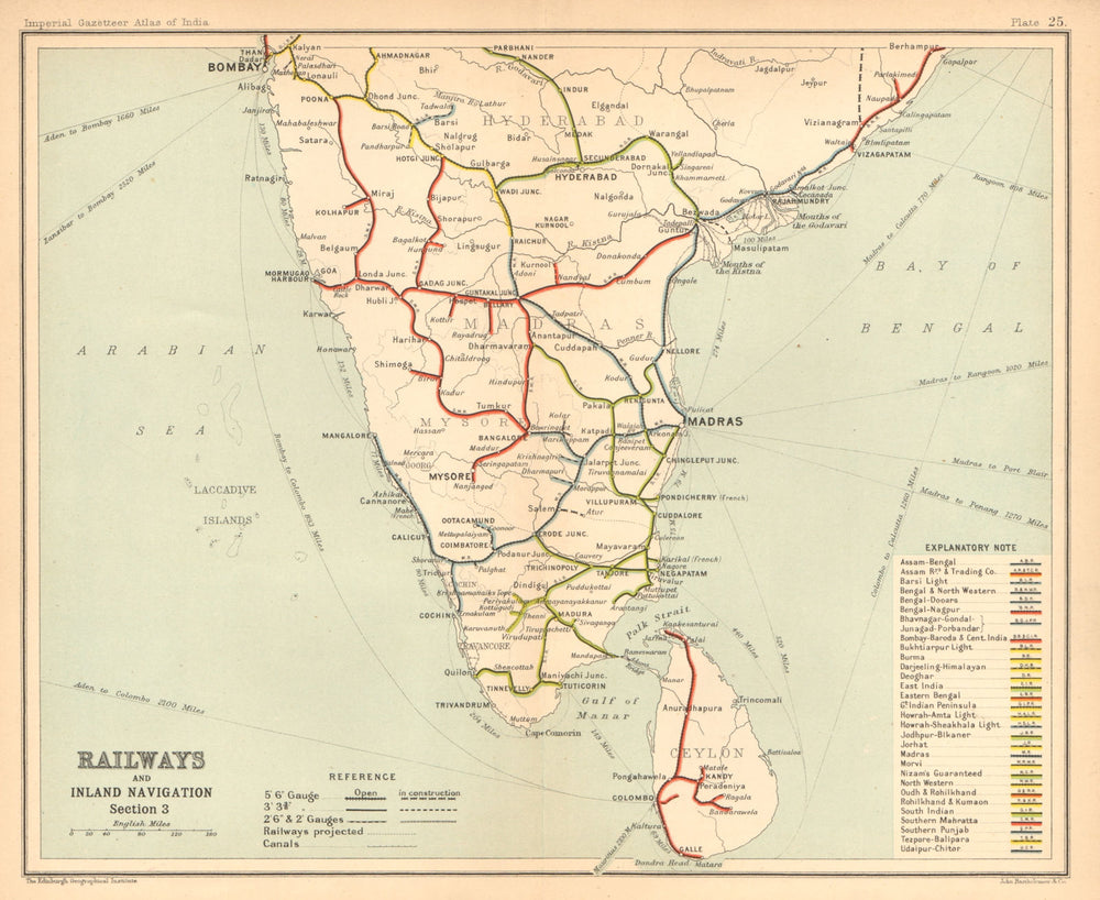 BRITISH INDIA RAILWAYS South. Tamil Nadu Karnataka Kerala Maharashtra 1909 map