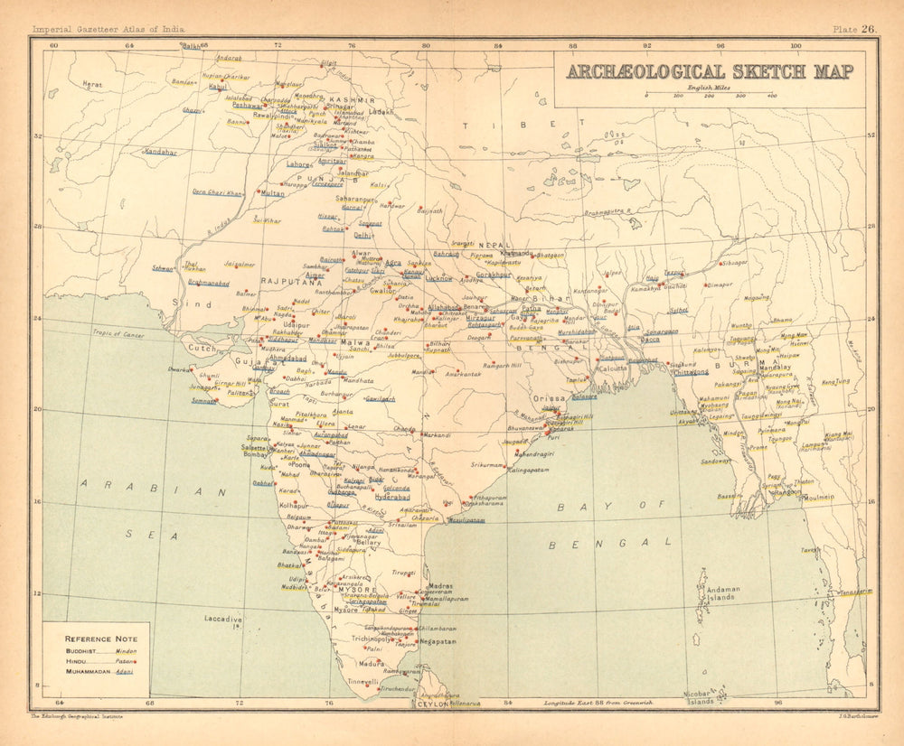BRITISH INDIA Archaeological map. Buddhist Hindu & Muslim sites 1909 old
