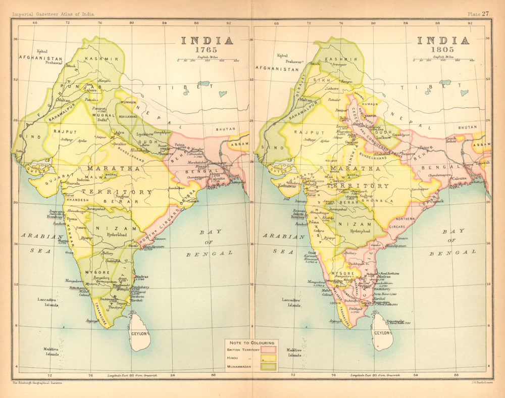 INDIA HISTORICAL. 1765 & 1805. British, Hindu & Muslim states 1909 old map
