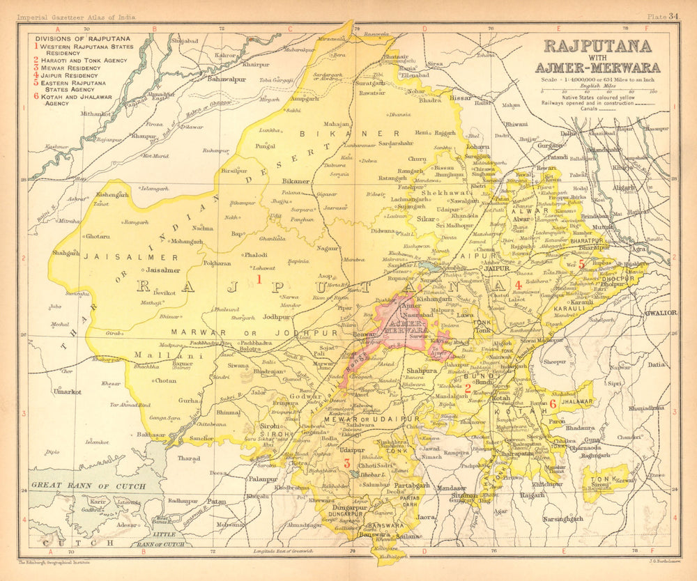'Rajputana, with Ajmer-Merwara'. British India provinces. Rajasthan 1909 map