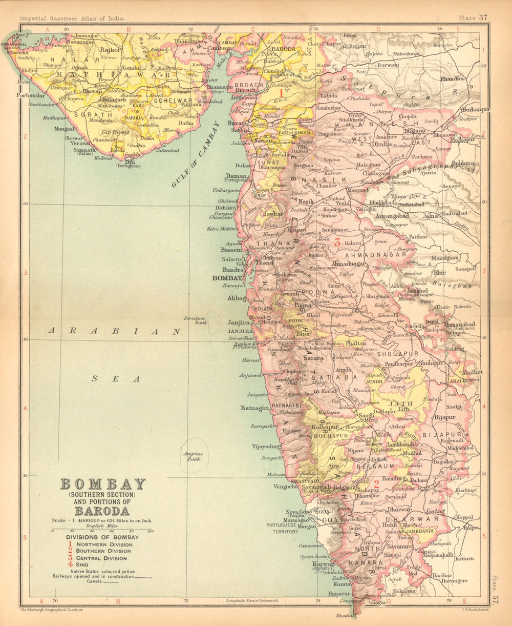 Bombay South & part of Baroda. British India provinces. Maharashtra 1909 map