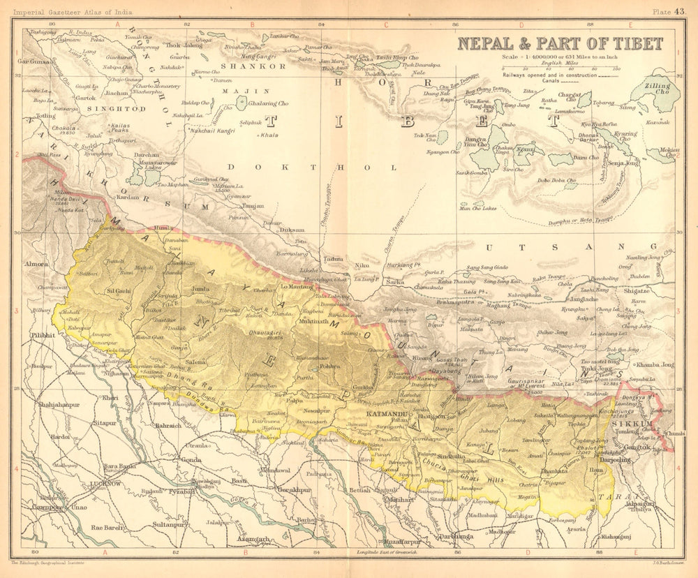 Nepal & part of Tibet. Himalayas. Kathmandu 1909 old antique map plan chart