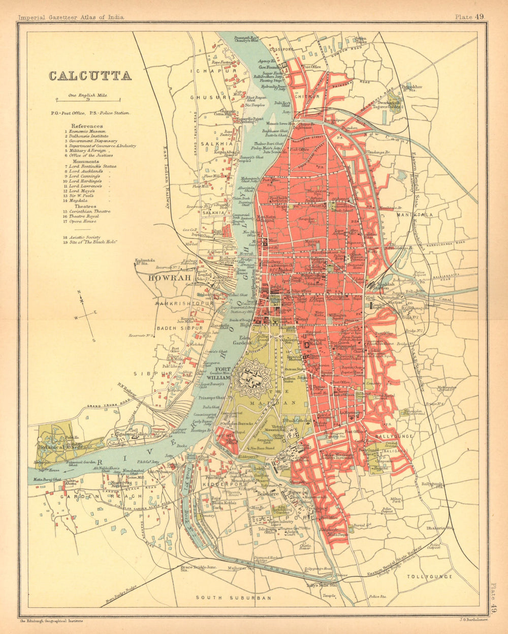 Calcutta / Kolkata town city plan. Fort William. British India 1909 old map