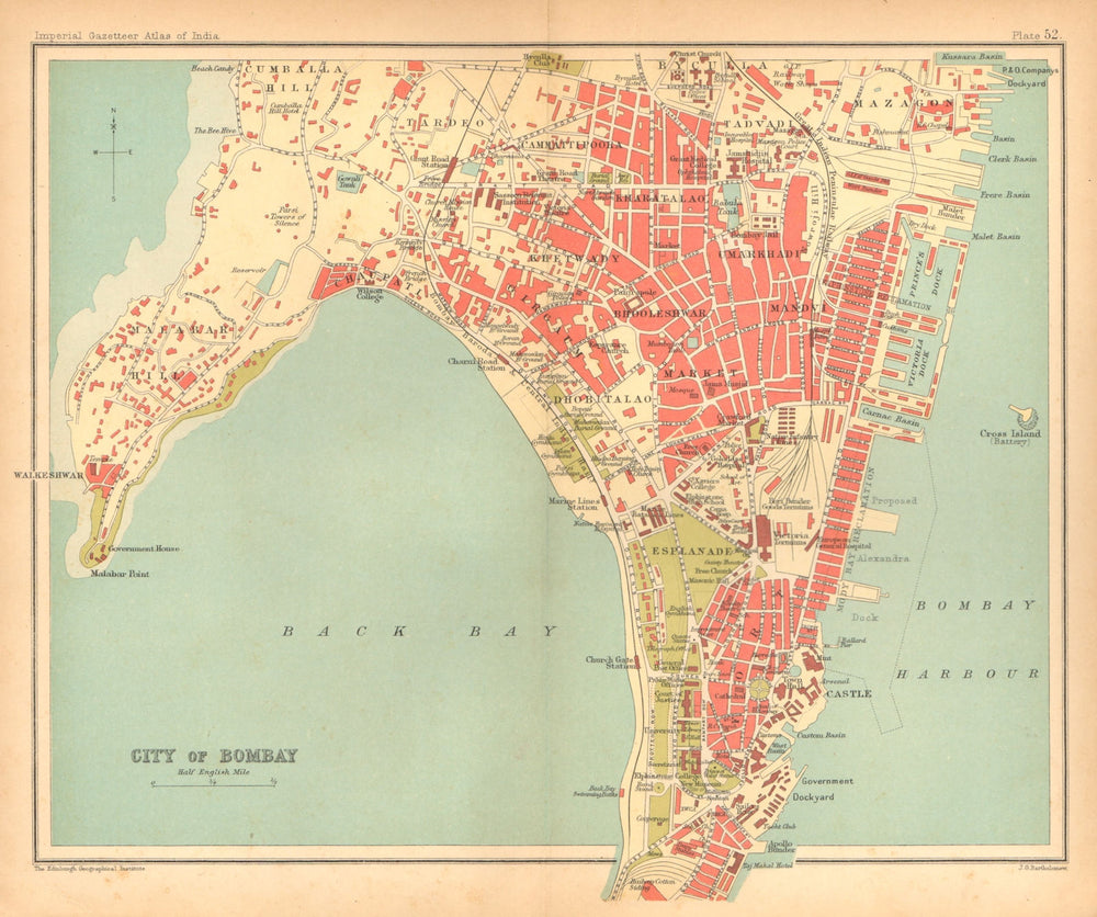Bombay/Mumbai town city plan. Key buildings & docks. British India 1909 map