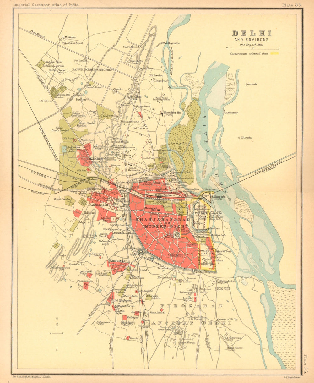 Delhi town city plan. Key buildings & Cantonment. British India 1909 old map