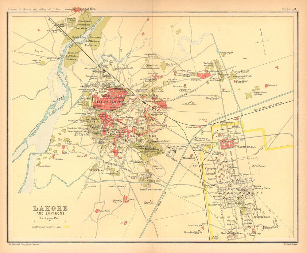 Lahore town city plan. Cantonment Key buildings. British India/Pakistan 1909 map