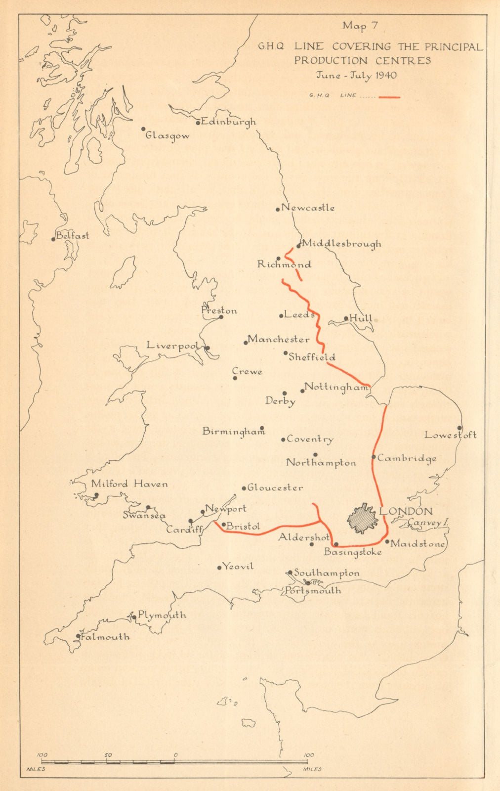 GHQ UK defence line. Principal Production Centres July 1940. WW2 1957 ...