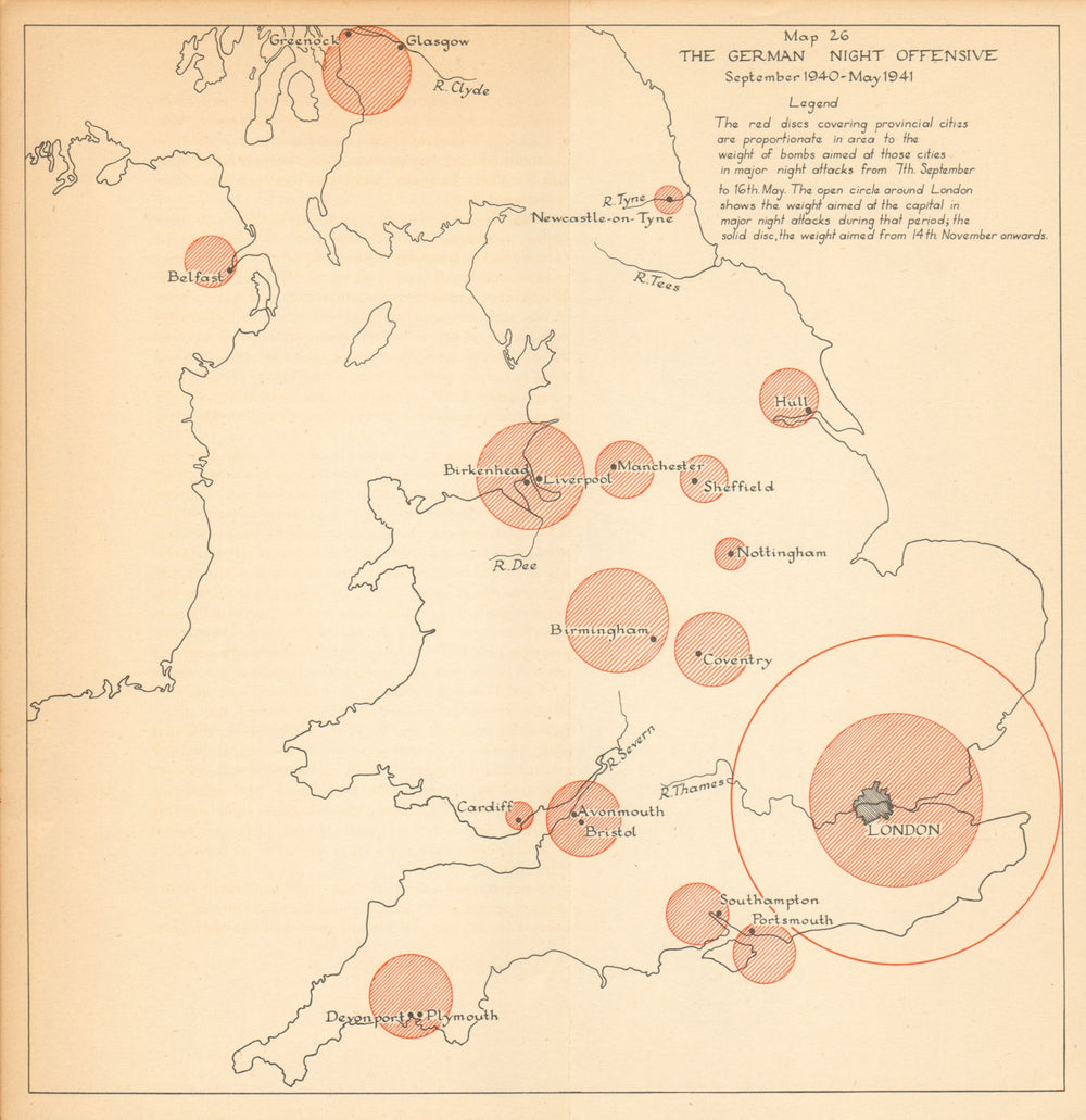 Luftwaffe night attacks on British Cities 1940-41. Bomb tonnage. WW2 1957 map