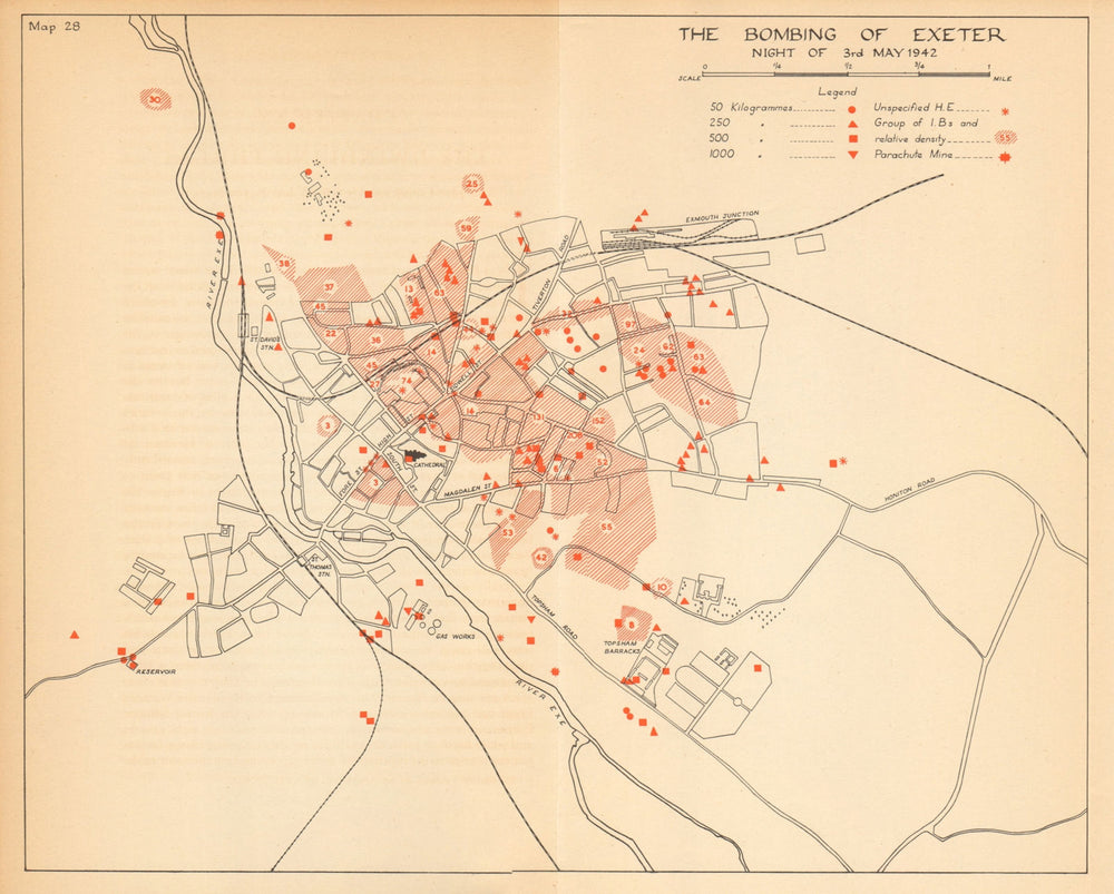 The Bombing of Exeter 3rd May 1942. World War 2. Luftwaffe 1957 old map