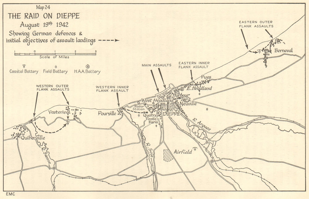 World War 2. The Raid on Dieppe - August 19th 1942. Seine Maritime 1956 map