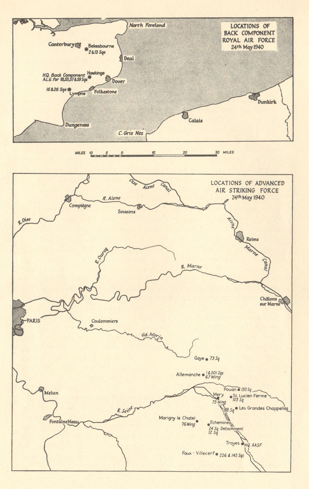 Fall of France. RAF locations in France & Kent 24th May 1940. WW2 1953 old map