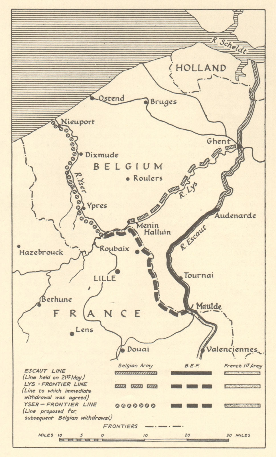 Fall of France 1940. Escaut, Frontier, Lys & Yser Lines. World War 2 1953 map