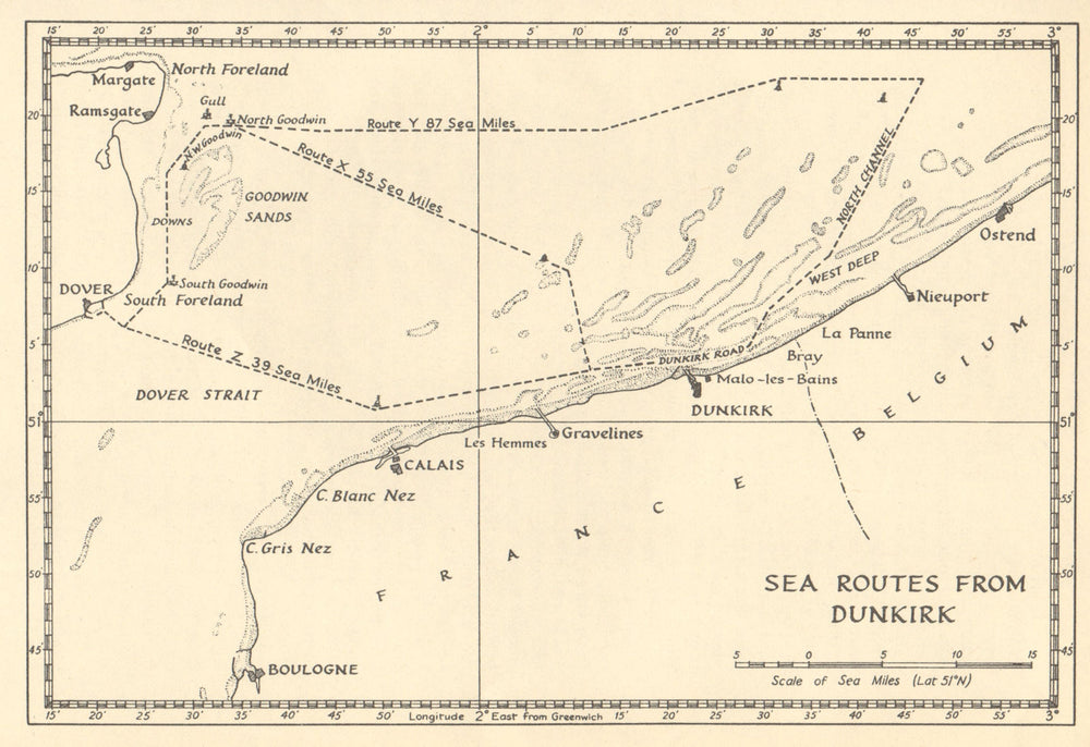 Dunkirk evacuation 1940. Sea routes from Dunkirk. Fall of France. WW2 1953 map