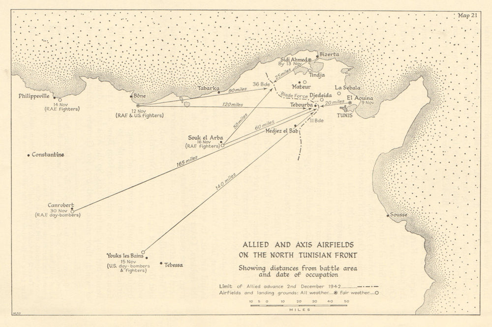 Allied & Axis airfields, North Tunisian Front 1942. World War 2 1966 old map