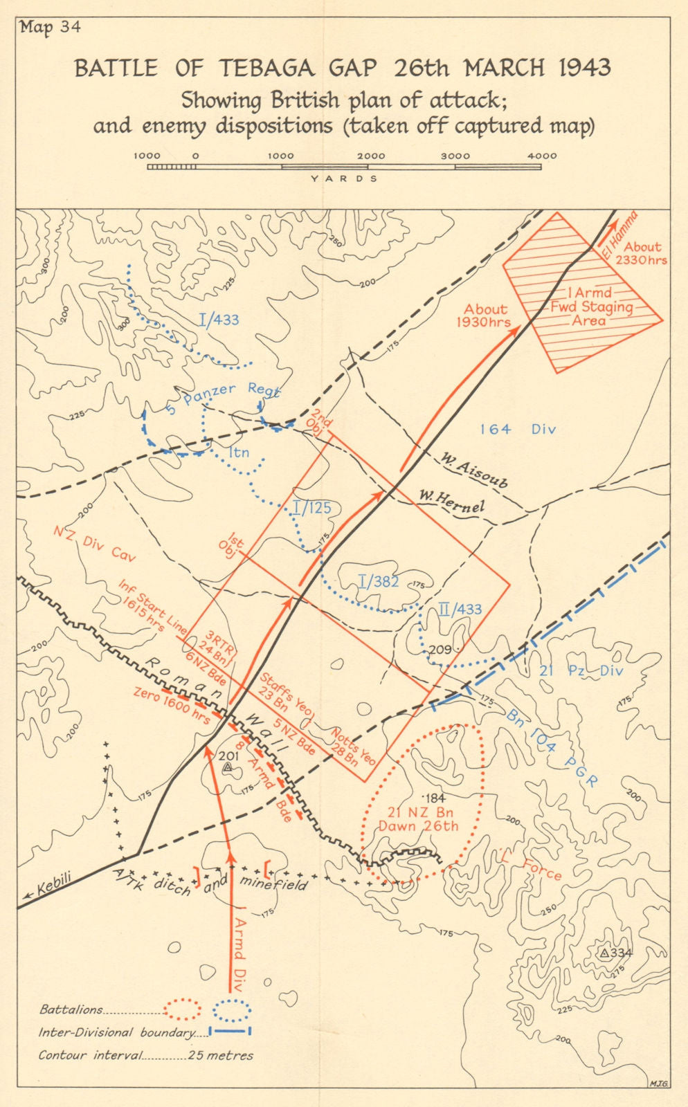 Battle of the Mareth Line/Tebaga Gap 26 March 1943. Tunisia WW2 1966 old map