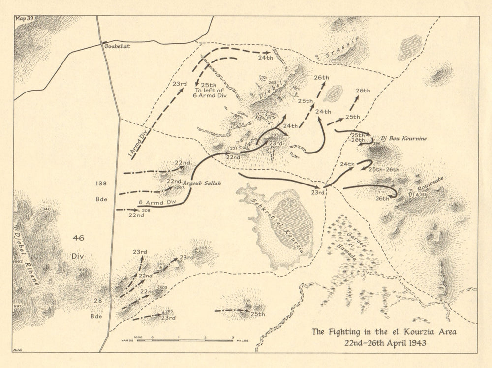 Fighting in the el Kourzia area 22-26 April 1943. Tunisia WW2. SMALL 1966 map