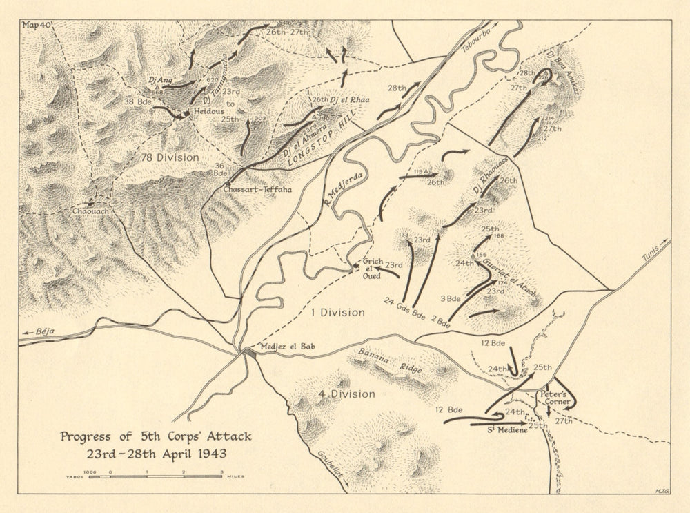 Majaz al Bab 5th Corps attack 23-28 April 1943. Tunisia WW2. SMALL 1966 map