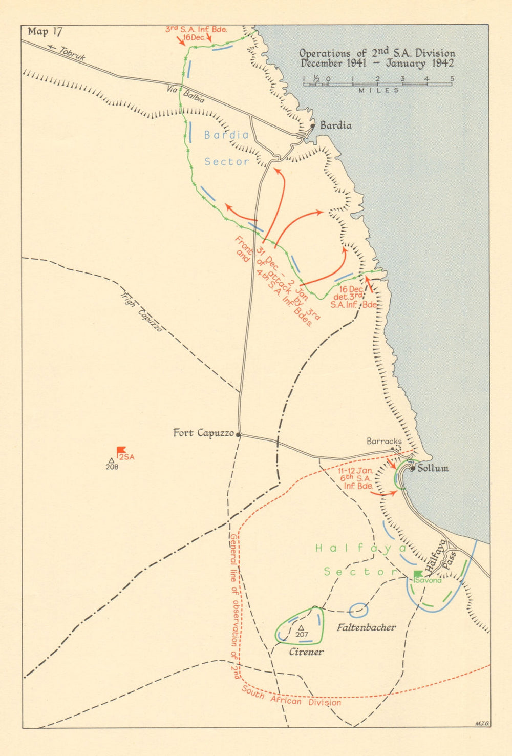 2nd South Africa Division Dec 1941-Jan 1942. Bardia Sallum Egypt. WW2 1960 map