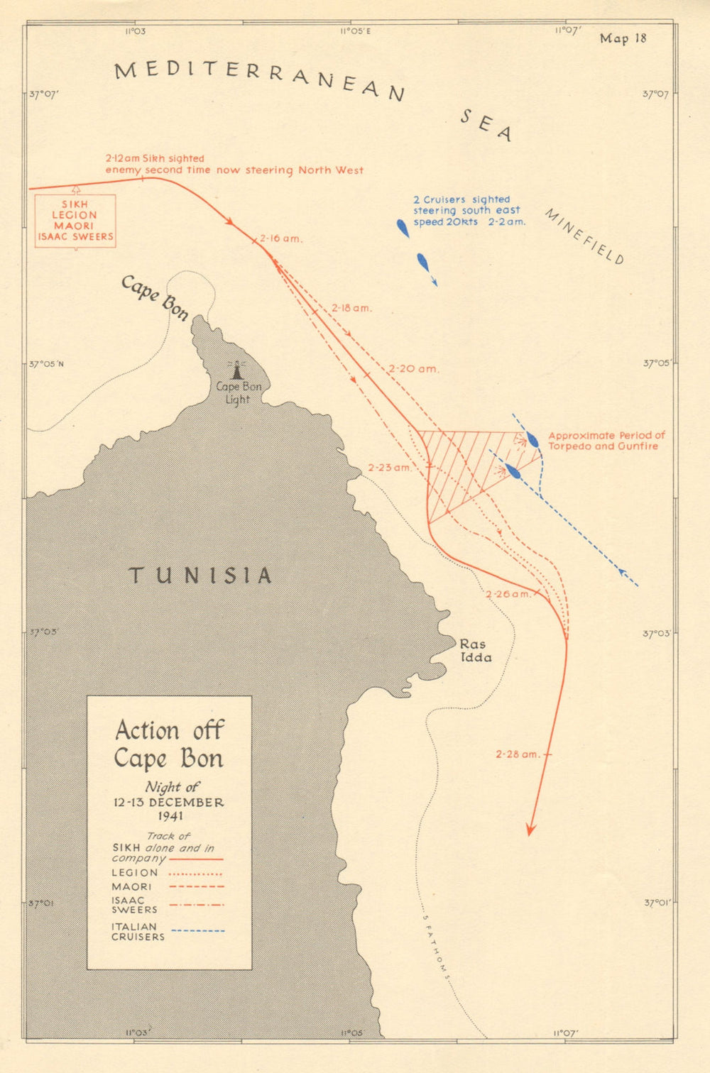 Battle of Cape Bon 12-13 December 1941. World War 2. Tunisia 1960 old map