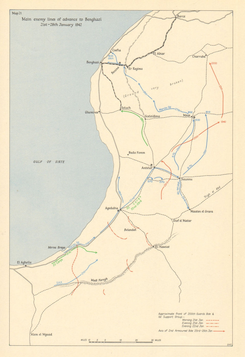 Axis advance to Benghazi 21-28 January 1942. Libya. Desert War. WW2 1960 map