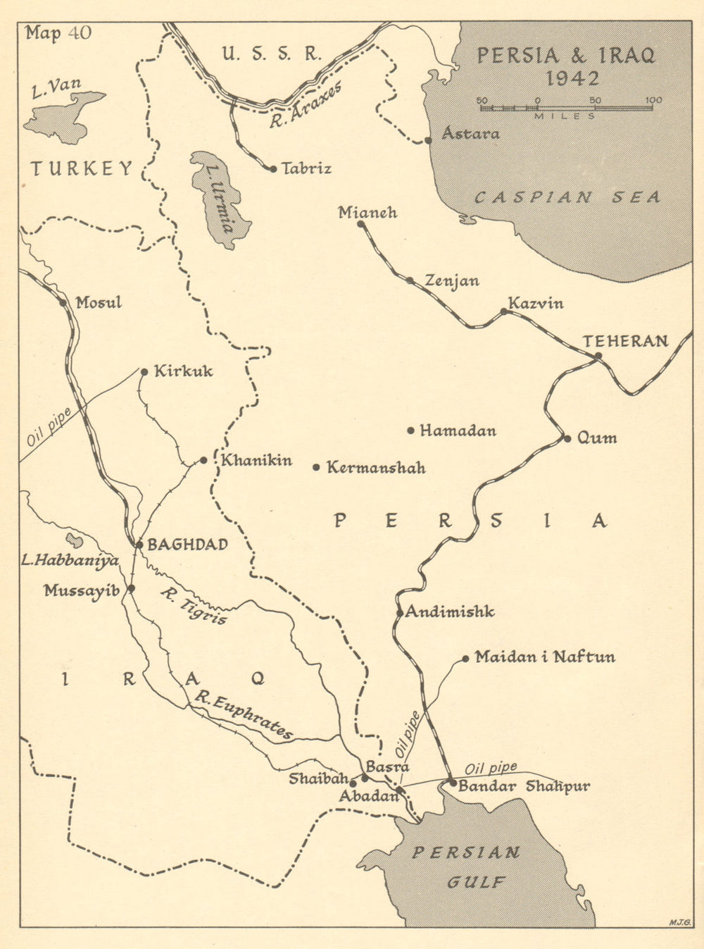 Persia and Iraq 1942. World War 2 Middle East Theatre. Iran 1960 old map