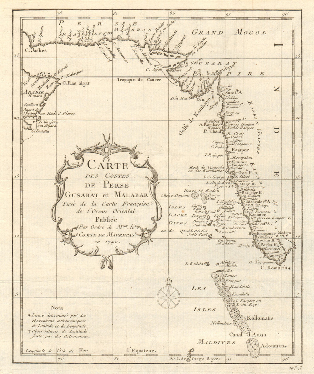 'Costes de Perse, Gusarat & Malabar'. India Arabian Sea Oman. BELLIN 1746 map