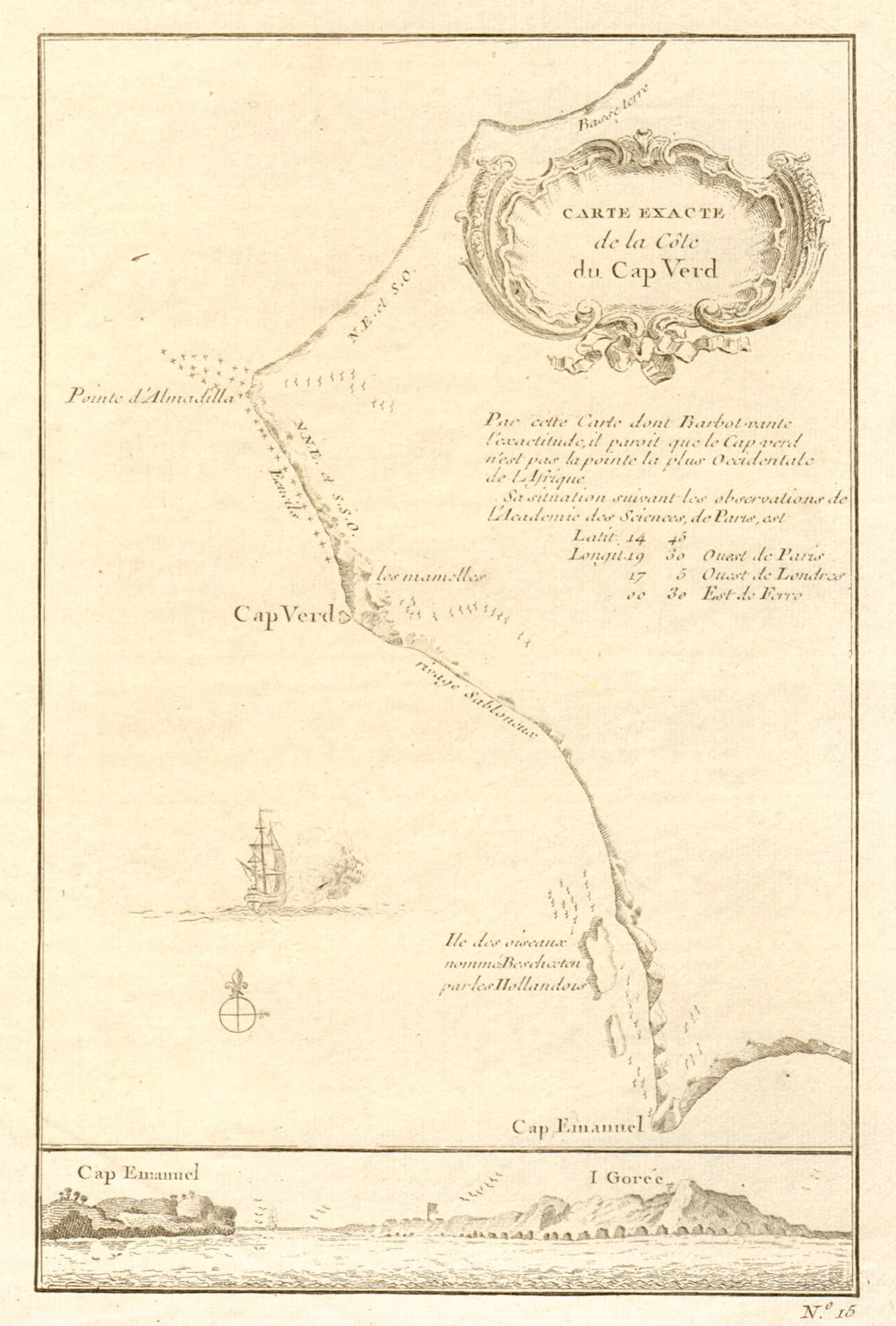 'Carte exacte de la Côte du Cap-Verd'. Cap Vert, Dakar, Senegal. BELLIN 1746 map